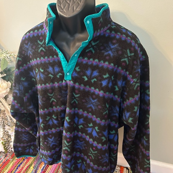 90s LL Bean Fleece Jacket Pullover Neon Snowflake Vintage MADE IN USA Large - Picture 4 of 6